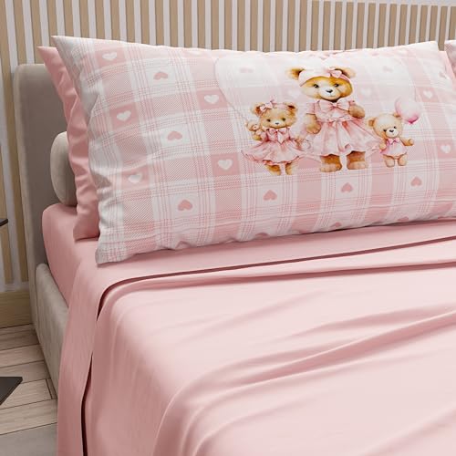 PETTI Artigiani Italiani - Cotton Sheets with Pillowcases in Digital Print, Double Bedsheets, Double Bed Set, Teddy Love Pink, 100% Made in Italy
