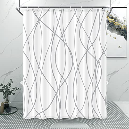 Grey and White Striped Fabric Shower Curtain for Bathroom with 8 Hooks, Shower Curtains for Bathroom Decoration 54x72 Inch with Hooks Weighted Hem,Waterproof Bath Accessories Hotel Style