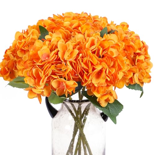 Kimura's Cabin 6pcs Artificial Silk Hydrangea Flowers Fake Hydrangea with Stems Faux Hydrangea Bouquets for Home Table Centerpieces Wedding Party Halloween Decoration (Orange Yellow)