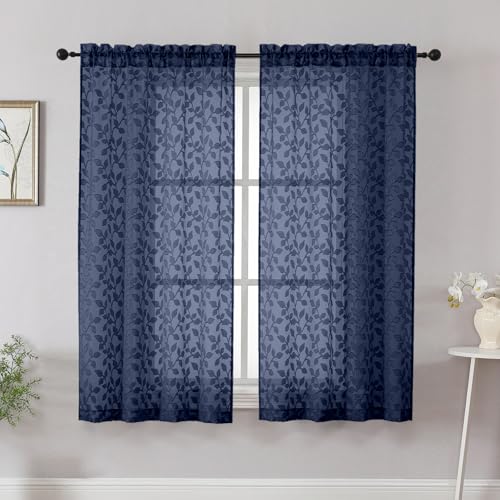 "Chyhomenyc Navy Blue Short Curtains 45 Inch Length 2 Panels, Light Filtering Leaf Textured Window Curtain Panels for Bedroom Living Room, Elegant Rod Pocket Farmhouse Curtains, 30"" Wx45 L, 2 PCS"
