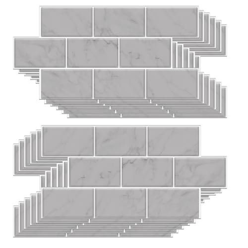 WALPLUS 12 Sheets Tile Stickers Glossy Removable Stick on Wall Backsplash Tile Transfer Waterproof Oil Proof DIY for Bathroom Cabinet Kitchen Home Decor Grey Marble Stone 15.4 x 30.5 cm