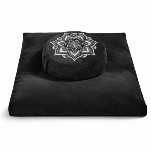 Meditation Cushion Set with Washable Velvet Cover,Buckwheat Hull & Memory Foam Floor Seat for Adults and Children, Ideal for Yoga, Sitting, Reading and Floor Seating,Luxury & Supportive (Black)