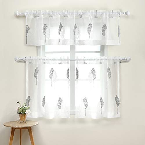 VOGOL Embroidered Sheer Curtain Tier & Valance Set for Living Room, White Rod Pocket Sheer Window Curtain Tier Pair, 3 Pieces, Grey and White Leaves