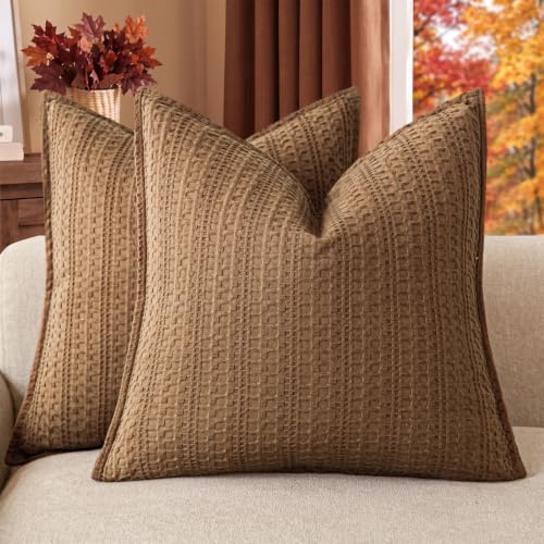 Foindtower Set of 2 Decorative Cotton Waffle Weave Throw Pillow Covers Euro Shams Cushion Covers Accent European Pillowcase for Bed Couch Sofa Bedroom Living Room Home Decor 18??18 Inch Orange Brown