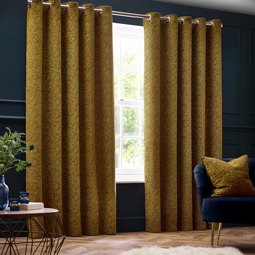 Paoletti Galaxy Eyelet Curtain Pair – Lined Room Darkening Luxury Opulent Chenille Curtains (Gold - 229x229cm)