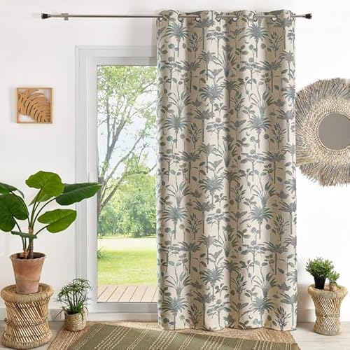 Exotic Jacquard Curtain Palm Tree Design 140 x 260 cm Blue Eyelet Ready to Hang