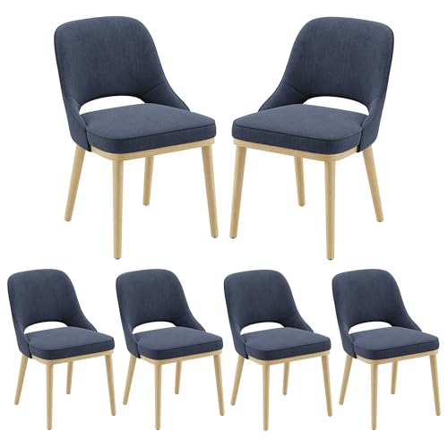 Dining Chairs Set of 6, Upholstered Dining Room Chairs with Chenille Fabric, Ergonomic Backrest, High Density Cushion & Rubber Wood Frame, Modern Kitchen Chairs for Dining Room, Living Room, Blue