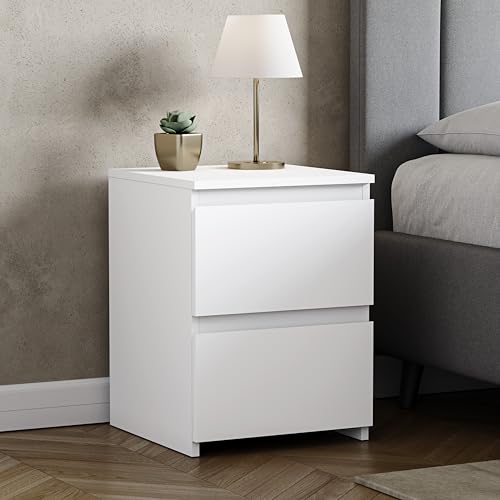 Vida Designs Denver Large 2 Drawer Bedside Chest - White - Space-Saving Storage - 52H x 39.5W x 39.5D cm - Large Side Table - Minimal - Smooth Metal Runner - Modern Bedroom Nightstand Unit