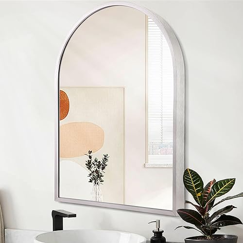 "Arched Bathroom Mirror, 28""x20"" Arch Metal Framed Mirror for Wall, Decor Vanity Mirror for Living Room Bedroom Entryway Silver"