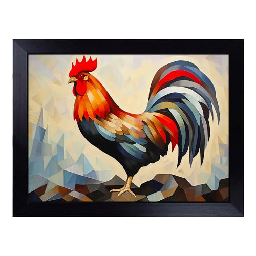 Lap Tray with Bean Bag Cushion, Rooster Art Deco - Handmade in the UK, Raised Wooden Edge, Padded Cushion, Heat-Resistant Wipe-Clean Surface, for Meals, Laptops and Crafts