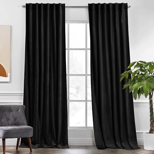 KGORGE Velvet Curtains Black Blackout 84 inches 2 Panels for Bedroom - Room Darkening Soundproof Thermal Insulating Window Drapes for Living Room, Back Tab Rod Pocket, W52 x L84