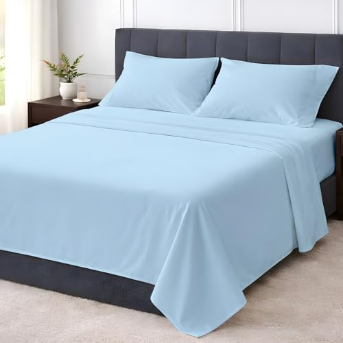 Shreem Linen 4PCs Bed Sheet Set - Ultra Soft Brushed Microfiber With Top Header - Wrinkle & Fade Resistant, Hypoallergenic Sheet & Pillow Case Set Full Size Light Blue Solid