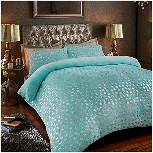 GC GAVENO CAVAILIA Teddy Fleece Star Foil Fitted Sheet, Super Soft Fluffy Cosy Warm Shiny Bedding & Bedsheet, 2 Piece Easy Care DuvetCover & Deep Elastic Band Bedlinen, Aqua, Double Duvet Set