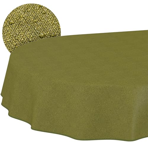 ANRO Washable Tablecloth Olive Green Linen Look with Hem Oval 200 x 140 cm - Edged with hem - weatherproof garden tablecloth - table linen made of coated fabric - washable at 30 ??C