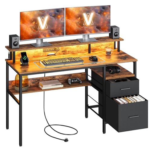 VASAGLE Computer Desk with Fabric Drawers, Study Desk with Monitor Stand, LED Lighting, 55 x 135 x 90 cm, Built-in Power Outlets, 2 USB-A Ports, for Home Office, Rustic Brown LWD094K01