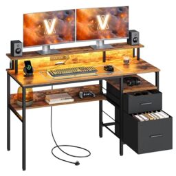 VASAGLE Computer Desk with Fabric Drawers, Study Desk with Monitor Stand, LED Lighting, 55 x 135 x 90 cm, Built-in Power Outlets, 2 USB-A Ports, for Home Office, Rustic Brown LWD094K01
