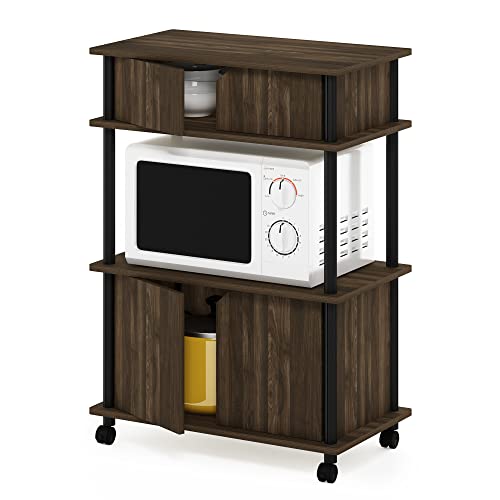 Furinno TURN-N-TUBE Bakers Rack with Wheels, 4-Tier Kitchen Storage Cart, Kitchen Cart with Closed Cabinets, Coffee Bar, Pantry Organizers and Storage, Columbia Walnut