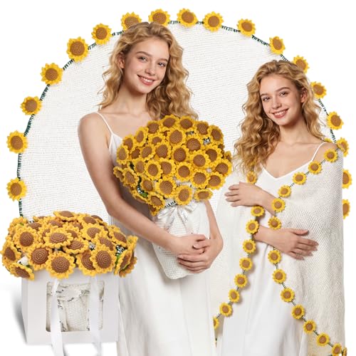 "Sunflower Gifts for Women, Handmade Sunflower Bouquet Throw Blanket, Appreciation Gifts for Teacher, Mom, Wife, Mothers Day, Birthday, Cozy Floral Throw & Flower Bouquet for Home Decor (43"", Gift Box)"