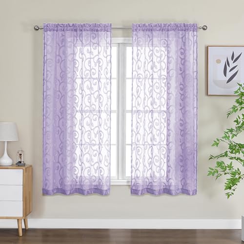 OWENIE Furman Sheer Curtains 63 inch Length for Bedroom Living Room 2 Panels Set, Jacquard Clip Textured Semi Sheer Curtains, Light Filtering Rod Pocket Farmhouse Darpes, 40Wx63L inch, Light Purple