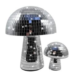 Relaxdays Disco Mushroom 2-Piece Set, mirror glass decorative mushrooms, glitter party décor, silver finish