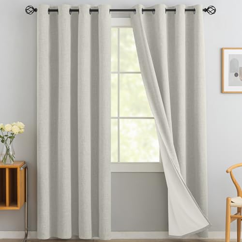 Yakamok Cream Linen Curtains 100% Blackout 84 Inches Long, Room Darkening Textured for Living Room, Thermal Grommet Bedroom 2 Panels With Greyish White Liner