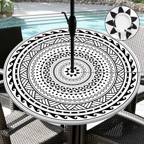 Outdoor Tablecloth with Umbrella Hole Waterproof Abstract Tribal Round Fitted Tablecloth with Elastic Zippered Table Cloth Round Cover for Picnic,Camping,Party S-(36''-44'')