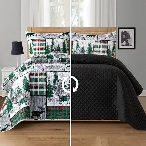 Elegant Comfort 3-Piece Holiday Rustic Plaid Patchwork Reversible Quilt - Soft Bedspread with Matching Pillow Shams, Heavy Weight Premium Stitching All Season Quilted Coverlet - Queen, Forest
