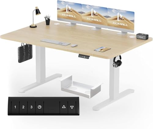 Homall Standing Desk Electric 140x80cm with USB Charging Hook, Height Adjustable Desk 3 Memory Smart Pannel, Sit Stand for Home Office Desks with Splice Board
