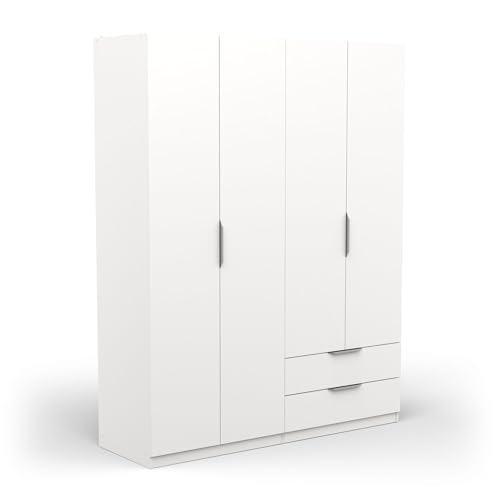 Demeyere Armadio Guardaroba Moderno con 4 Ante e 5 Ripiani 2 cassetti-Colore Bianco opaco-157, Legno ingegnerizzato, 157,3 x 51,1 x 203 cm