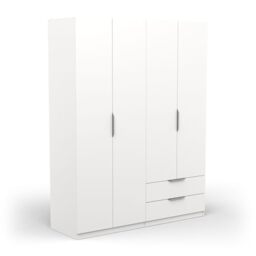 Demeyere Armadio Guardaroba Moderno con 4 Ante e 5 Ripiani 2 cassetti-Colore Bianco opaco-157, Legno ingegnerizzato, 157,3 x 51,1 x 203 cm
