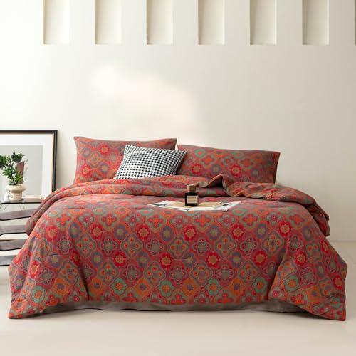"Purefair 100% Cotton Muslin Jacquard Comforter Set, Rustic Farmhouse Floral Print, Soft Lightweight Reversible 3 Piece Bedding Sets for All Season, Red, Full/Queen(90""x90"")"
