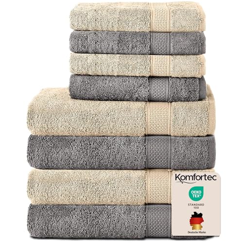 Komfortec Set of 8 Hand Towels 100% Cotton, 4 Bath Towels 70 x 140 cm and 4 Hand Towels 50 x 100 cm, Terry Towelling, Soft, Towel, Large, Anthracite/Beige