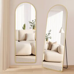 SONGMICS Arched Full Length Floor Mirror with Stand, 160 x 50 cm - Full Body Mirror, Aluminium Frame, Tempered Glass, Round Corners, for Bedroom, Pale Gold, Aileas Collection LFM051AB01