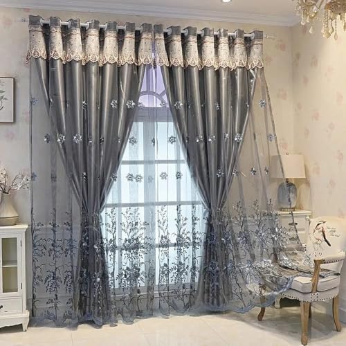 Amidoudou 1 Pair European Double Layer Curtains for Living Room Bedroom Luxury Flower Embroidered Curtains with Valance (Grey,52x84 Inch)