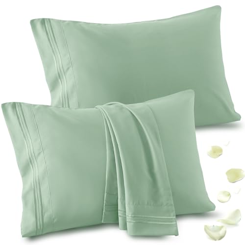 Vonty 2 Pack Sage Green Standard Pillowcases, 20x26, 1800 Microfiber - Envelope Closure No Hair Tangles, Embroidered Design, Breathable Moisture-Wicking, Gentle on Hair & Skin, Machine-Washable