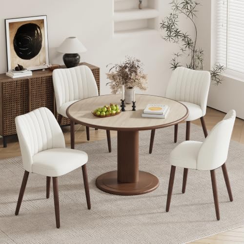 MALOL Upholstered Dining Chairs Set of 4, Fabric Chairs for Dining Room with Solid Wood Legs and Thick Seat Cushion, Modern Kitchen Chair with Anti-Slip Pads, Beige