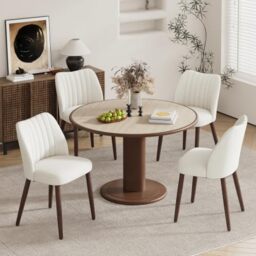 MALOL Upholstered Dining Chairs Set of 4, Fabric Chairs for Dining Room with Solid Wood Legs and Thick Seat Cushion, Modern Kitchen Chair with Anti-Slip Pads, Beige
