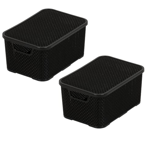 BranQ - Home essential Basket with Lid in Rattan Design, Set of 2, Size S 7 L, BPA-Free Plastic PP, Black, 28.5 x 19.5 x 12.9 cm, Pack of 2