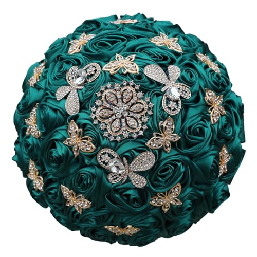 "Mhojpik Handmade Wedding Flowers Bouquet Round Holding Bridal Bouquet Toss Artificial Rose Bunch for Bride Bridesmaid Wedding Quinceanera (Dark Green, 7.5"")"