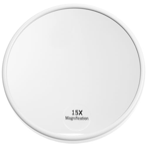 Fantasia 15x Magnification Makeup Mirror with Suction Cups: Portable Bathroom Mirror and Travel Magnifying Mirror, White Acrylic Frame, Round Makeup Mirror Zoom