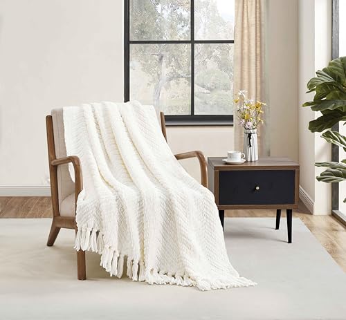 CREVENT 127cmX152cm Farmhouse Breathable Soft Chenille Knitted Textured Throw Blanket for Couch Chair Bed, Boho Home Decor for Living Room (Ivory)