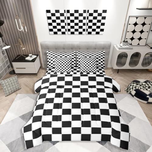 Erosebridal 7 Piece Black Grid Twin Comforter Set with Sheets Black and White Checkered Bedding Set Reversible Farmhouse Buffalo Plaid Bed in A Bag for Kids Boys Teen Bedroom,Gingham Bed Sets