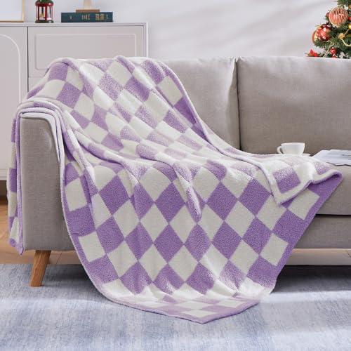 WRENSONGE Soft Twin Size Checkered Blanket for Bed-Cozy Knitted Blankets - Lightweight Fluffy Warm Decor for Women, Mom, Her & Girls, Sofa, Chair, Couch, 60x80in,Purple