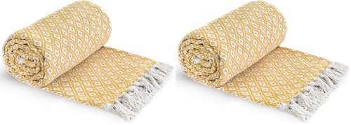 Emma Barclay Casablanca - Scandi Woven Recycled Cotton Chair Sofa Setee Bed Throw Over Blanket in Ochre - 50x60 (127x152cm) (Pack of 2)