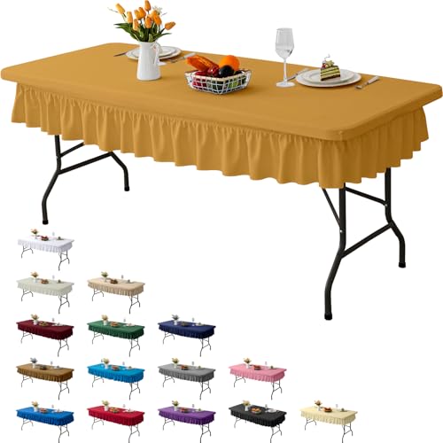 RUOYU 8ft Golden Yellow Stretch Tablecloth for Rectangular Tables - Flared Wrap Design, Waterproof, Wrinkle-Resistant, Washable - Ideal for Weddings, Parties, Banquets & Table Protection