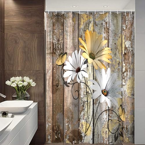 JAWO Farmhouse Flower Floral Shower Curtain, Rustic Yellow Daisy Shower Curtain Set, Country Yellow Wild Garden Plant Fabric Shower Curtain with Hooks, Brown Wooden Board Bathroom Curtain, 47x64inch