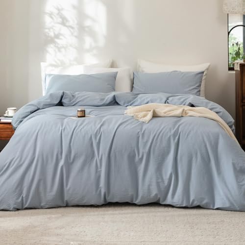 FOSSA Duvet Cover Set 100% Washed Cotton Linen Feel Super Queen - Super Soft Breathable Lightweight & All Season Bedding Set with Hidden Zipper & 8 Corner Ties (Cornflower Blue)