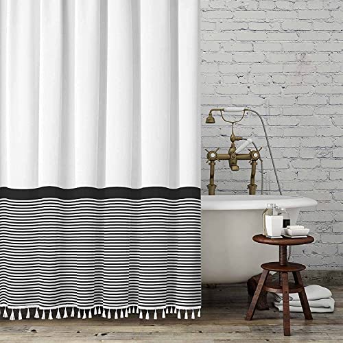 "Seasonwood 84 inch Extra Long Shower Curtain Black and White Shower Curtain with Tassel 72"" W x 84"" L Farmhouse Striped Shower Curtains for Bathroom Fabric Shower Curtains"