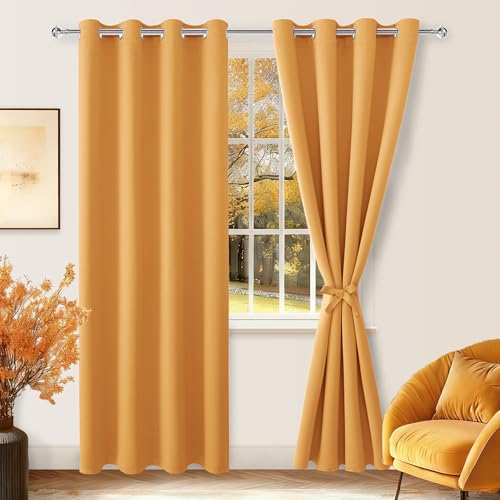 Hiasan Blackout Curtains for Bedroom, 52 x 84 Inches Long - Thermal Insulated & Light Blocking Window Curtains for Living Room, 2 Drape Panels Sewn with Tiebacks, Pumpkin Orange