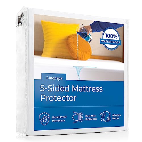 Linenspa Mattress Protector King - Five Sided King Mattress Protector Waterproof Mattress Cover – Soft Breathable Bed Protector - Fitted Sheet Style - Deep Pocket Up to 14”, White